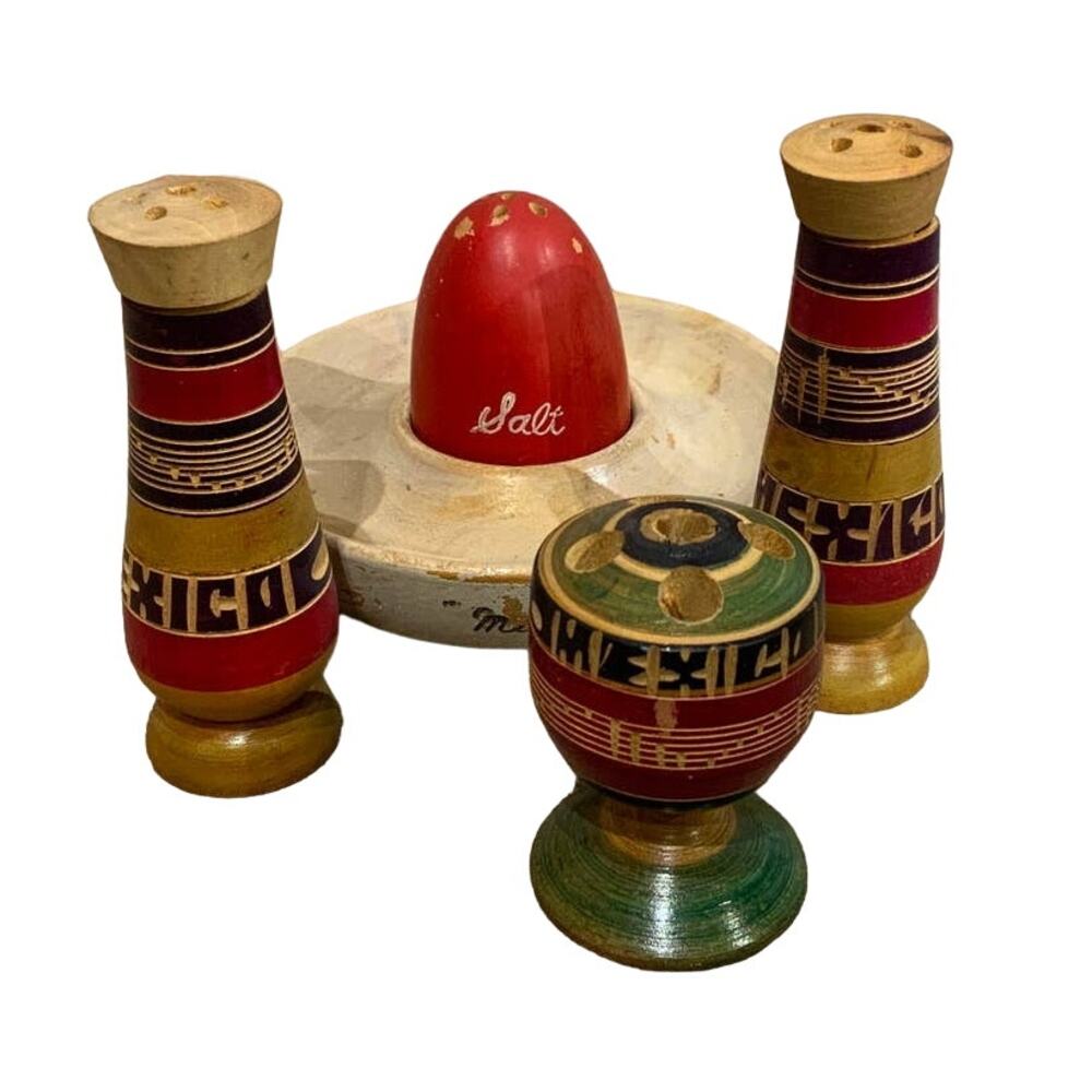 Vintage Wooden Hand Carved Mexico Salt Pepper Shaker Toothpick Holder Set